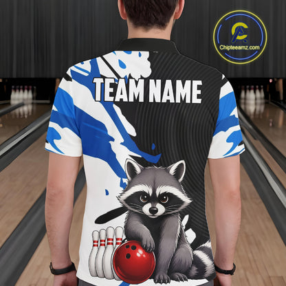 Person wearing a bowling shirt with a raccoon graphic and 'Team Name' text in a bowling alley.