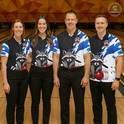 Four people wearing matching bowling shirts with raccoon and bowling ball graphics in a bowling alley.