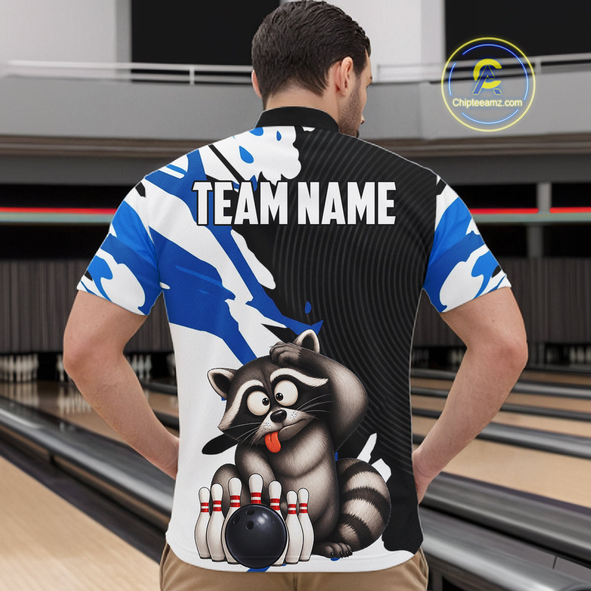 Funny Raccoon Blue Camo Bowling Shirts For Men Custom Bowling Team Jersey Bowling Polo & 1/4 Zip TDM6598