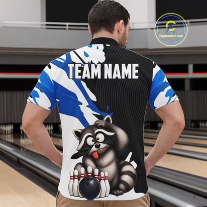 Funny Raccoon Blue Camo Bowling Shirts For Men Custom Bowling Team Jersey Bowling Polo & 1/4 Zip TDM6598
