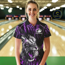 Load image into Gallery viewer, Black and purple thunder lightning lion quarter zip bowling shirt for women, custom bowling team jersey and tournament apparel.