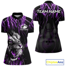 Load image into Gallery viewer, Black and purple thunder lightning lion bowling team polo shirt for women with custom league graphics.