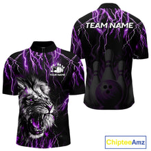 Load image into Gallery viewer, Black and purple thunder lightning lion quarter zip bowling shirt for men, custom bowling team jersey and tournament apparel.