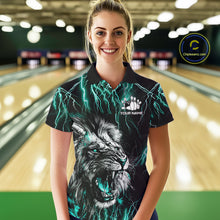 Load image into Gallery viewer, Woman wearing a black and turquoise thunder lightning lion bowling polo shirt front view, custom bowling league jersey for women.