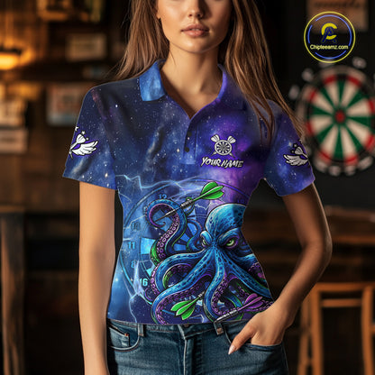 Woman Wearing Funny Octopus Blue Purple Galaxy Darts Polo Shirt with Athletic Performance Fit and Colorful Galaxy Artwork, Front View