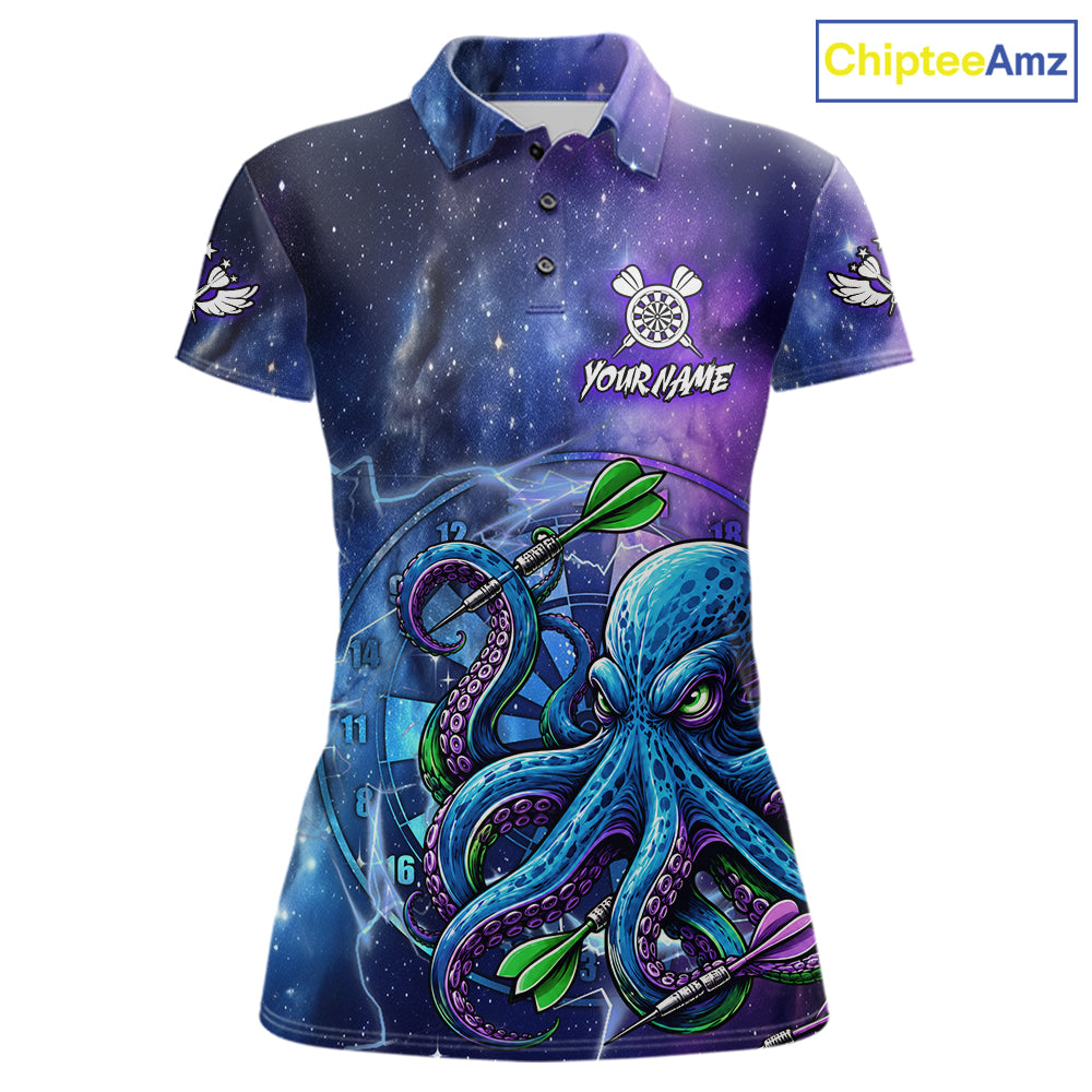 Funny Octopus Blue Purple Galaxy Darts Polo Shirt Featuring Vibrant Ocean Inspired Galaxy Artwork for Dart League Players, Team Competition, and Tournament Events
