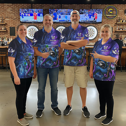 Dart Team Wearing Funny Raccoon Wizard Blue Purple Galaxy Darts Jerseys During League Competition and Tournament Matches, Front View