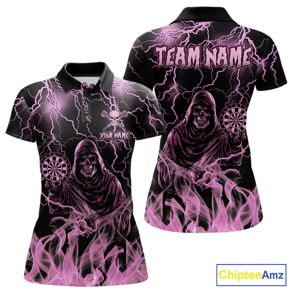 Custom Pink Grim Reaper Fire Flame Darts Polo Shirt Designed for Personalized Darts Team Jerseys with Vibrant Flame Graphics and Athletic Performance Style