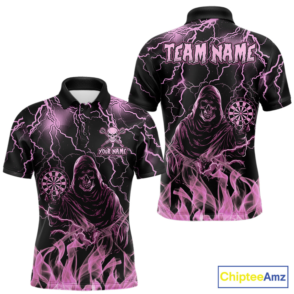 Custom Pink Grim Reaper Fire Flame Darts Polo Shirt Designed for Personalized Darts Team Jerseys with Vibrant Flame Graphics and Athletic Performance Style