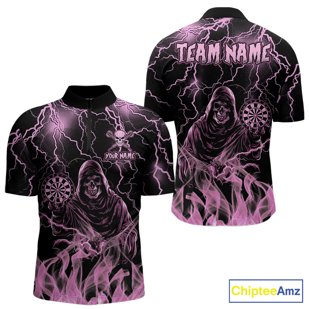 Pink Grim Reaper Fire Flame Quarter Zip Darts Shirt Created for Competitive Dart League Teams with Premium Performance Fabric and Tournament Ready Design