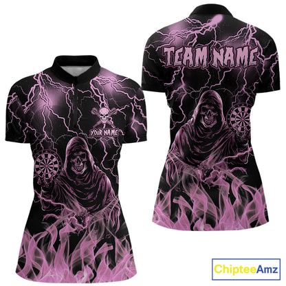 Personalized Pink Grim Reaper Fire Flame Quarter Zip Darts Shirt Created for Competitive Dart League Teams with Premium Performance Fabric and Tournament Ready Design