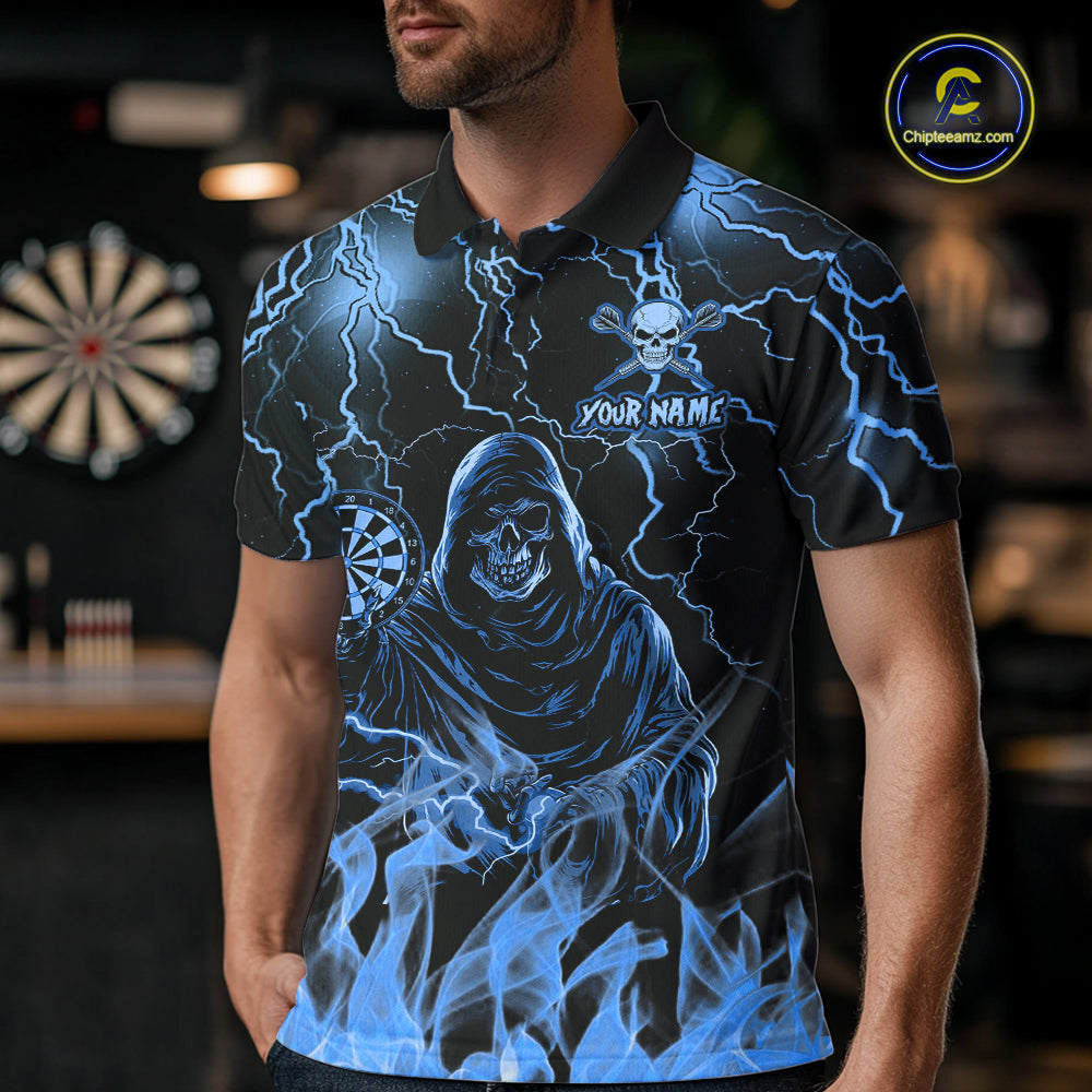 Man Wearing Turquoise Grim Reaper Fire Flame Darts Polo Shirt with Athletic Performance Fit and Thunder Lightning Graphic Artwork, Front View