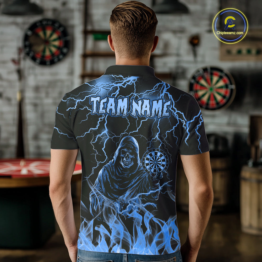Man Wearing Turquoise Grim Reaper Fire Flame Custom Darts Team Jersey Featuring the Complete Rear Graphic Design, Back View