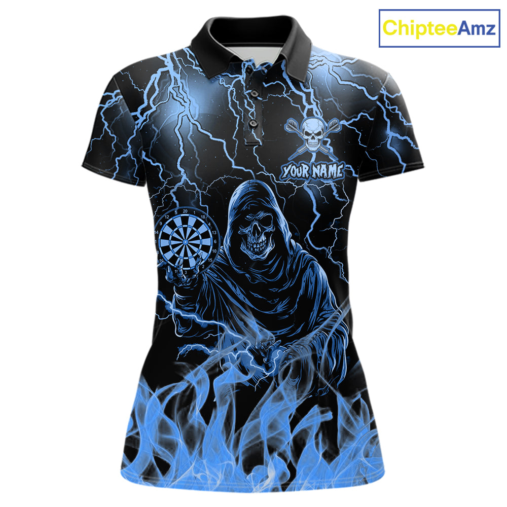 Blue Grim Reaper Fire Flame Darts Polo Shirt Featuring Thunder Lightning Artwork for Dart League Players, Team Matches, and Tournament Competition