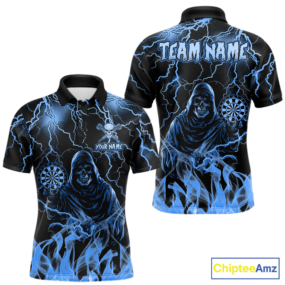 Custom Turquoise Grim Reaper Fire Flame Darts Polo Shirt Designed for Personalized Darts Team Jerseys with Powerful Lightning Graphics and Athletic Performance