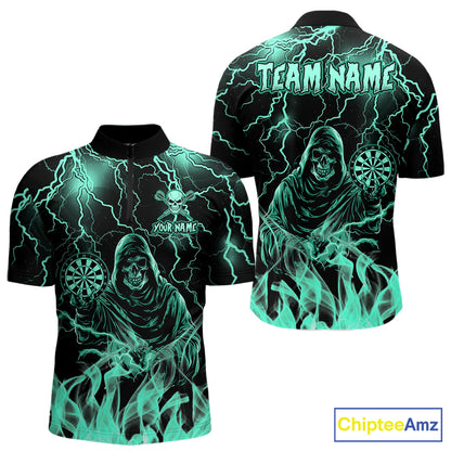 Turquoise Grim Reaper Fire Flame Quarter Zip Darts Shirt Created for Dart League Teams with Premium Performance Fabric and Tournament Ready Jersey Design