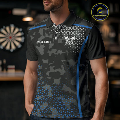 Black And Blue Camo Dart Shirt With Pocket Option For Men Custom Dart Jersey TDM4651