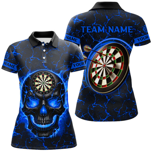 Personalized Fire Flame Skull Magma Pattern Women Darts Shirts, Dart League Shirts Team Jerseys |Blue TDM2585