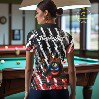 Funny 8 Ball Pool Crown Billiard Shirt For Women Custom Billiard Jersey Team Polo & 1/4 Zip |Red TDM5081