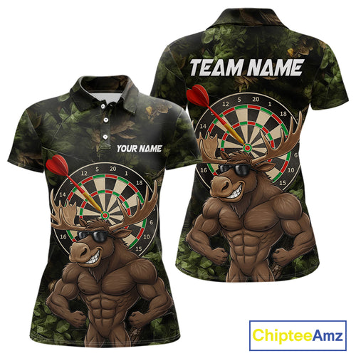 Personalized Green Camo Funny Moose Darts Shirts For Women Custom Darts Jersey Team Polo & 1/4 Zip TDM5301