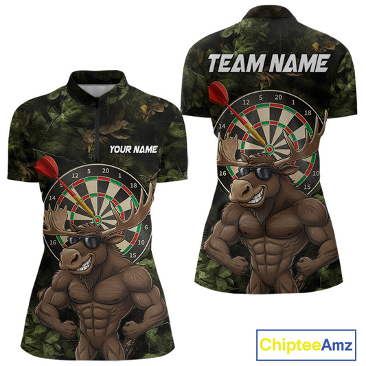 Personalized Green Camo Funny Moose Darts Shirts For Women Custom Darts Jersey Team Polo & 1/4 Zip TDM5301