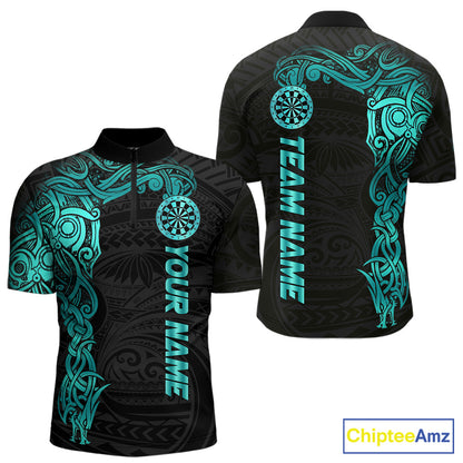 Black And Turquoise Tribal Darts Shirt For Men Custom Darts Jersey Team Polo & Quarter Zip TDM5559
