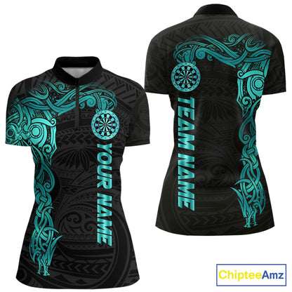 Black And Turquoise Tribal Darts Shirt For Women Custom Darts Jersey Team Polo & Quarter Zip TDM5559