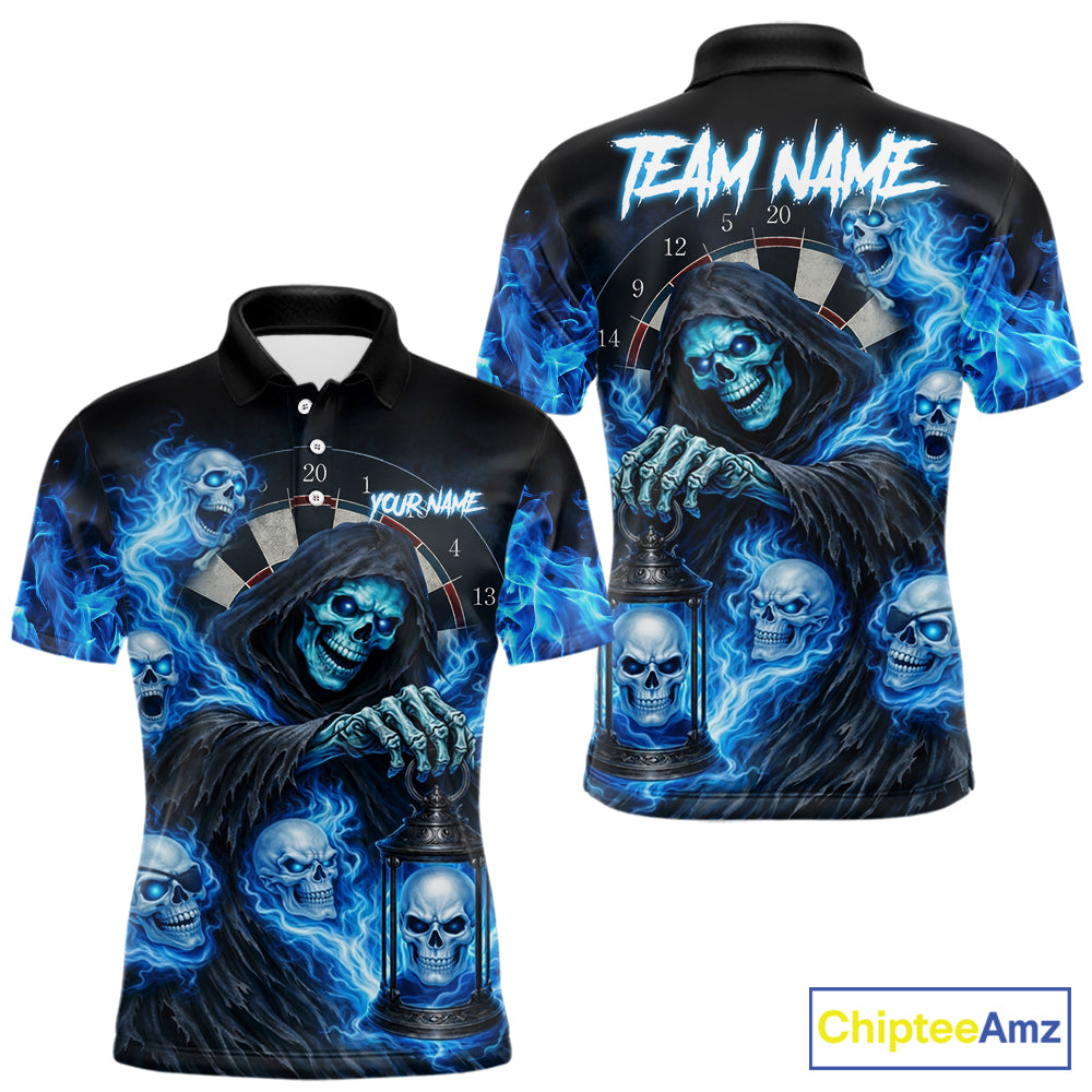 Blue Grim Reaper Flame Darts Shirt For Men Custom Skull Darts League Jersey Team Polo & Quarter Zip TDM5560