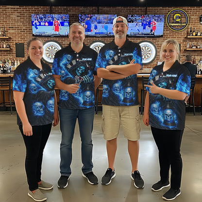 Blue Grim Reaper Flame Darts Shirt For Men Custom Skull Darts League Jersey Team Polo & Quarter Zip TDM5560