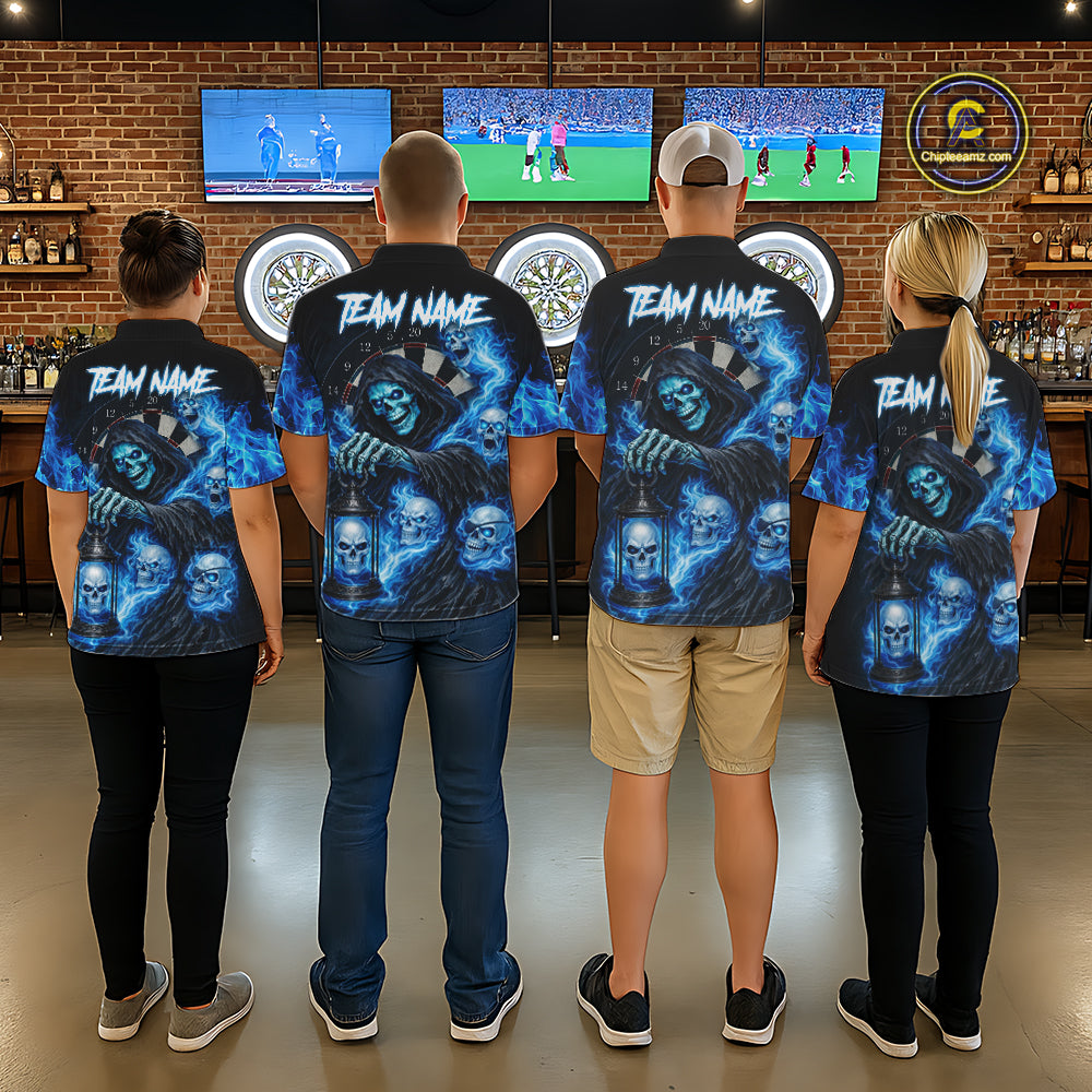 Blue Grim Reaper Flame Darts Shirt For Men Custom Skull Darts League Jersey Team Polo & Quarter Zip TDM5560