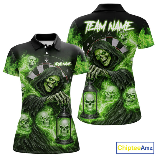 Green Grim Reaper Flame Darts Shirt For Women Custom Skull Darts League Jersey Team Polo & 1/4 Zip TDM5561