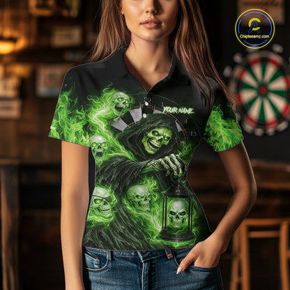 Green Grim Reaper Flame Darts Shirt For Women Custom Skull Darts League Jersey Team Polo & 1/4 Zip TDM5561