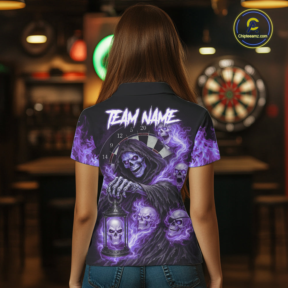 Purple Grim Reaper Flame Darts Shirt For Women Custom Skull Darts League Jersey Team Polo & 1/4 Zip TDM5562