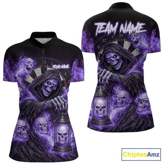 Purple Grim Reaper Flame Darts Shirt For Women Custom Skull Darts League Jersey Team Polo & 1/4 Zip TDM5562