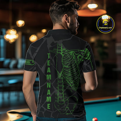 Black And Green Funny Skeleton Billiard Polo & 1/4 Zip For Men Custom Billiard Pool Team Jersey TDM5797
