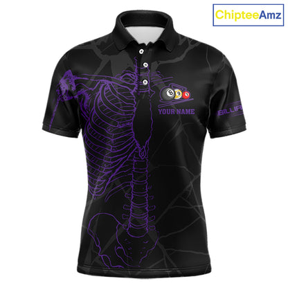 Black And Purple Funny Skeleton Billiard Polo & 1/4 Zip For Men Custom Billiard Pool Team Jersey TDM5798
