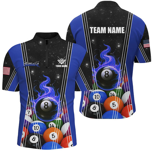 Blue 8 Ball Pool Fire Flame Billiard Balls Men Quarter-Zip Shirts Custom Billiard Jerseys TDM1313