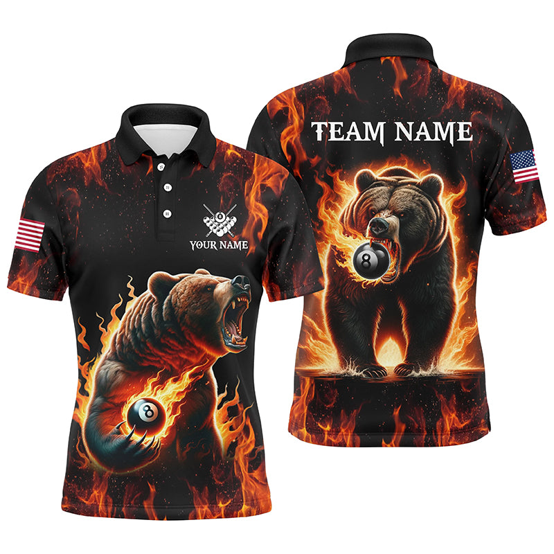 Personalized Funny Bear And 8 Ball Pool Fire Flame Men Billiard Polo Shirts, Billiard Team Jersey TDM1315