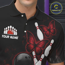 Load image into Gallery viewer, Black And Red Custom Butterfly Bowling Shirt For Men, Bowling Team Jersey Polo &amp; Quarter Zip Shirt TDM6179