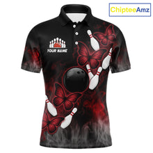 Load image into Gallery viewer, Black And Red Custom Butterfly Bowling Shirt For Men, Bowling Team Jersey Polo &amp; Quarter Zip Shirt TDM6179