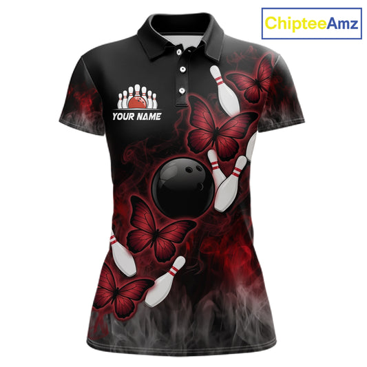 Black And Red Custom Butterfly Bowling Shirt For Women, Bowling Team Jersey Polo & Quarter Zip Shirt TDM6179