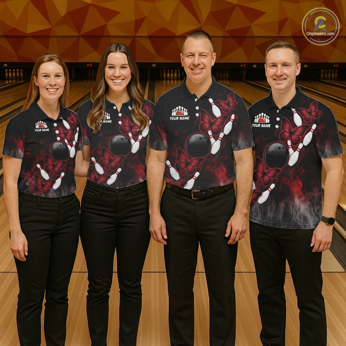 Black And Red Custom Butterfly Bowling Shirt For Men, Bowling Team Jersey Polo & Quarter Zip Shirt TDM6179