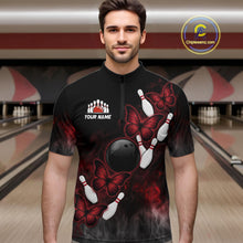 Load image into Gallery viewer, Black And Red Custom Butterfly Bowling Shirt For Men, Bowling Team Jersey Polo &amp; Quarter Zip Shirt TDM6179