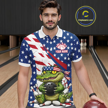 Man wearing a patriotic themed polo shirt with a graphic design in a bowling alley.