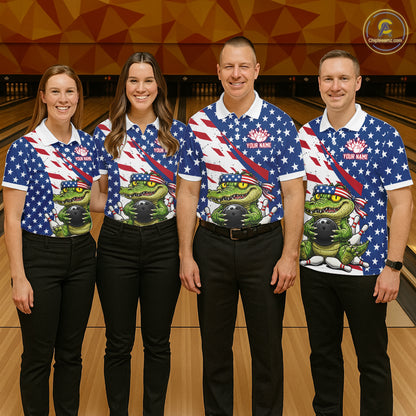 Four people wearing matching American-themed shirts with a logo on a bowling alley background