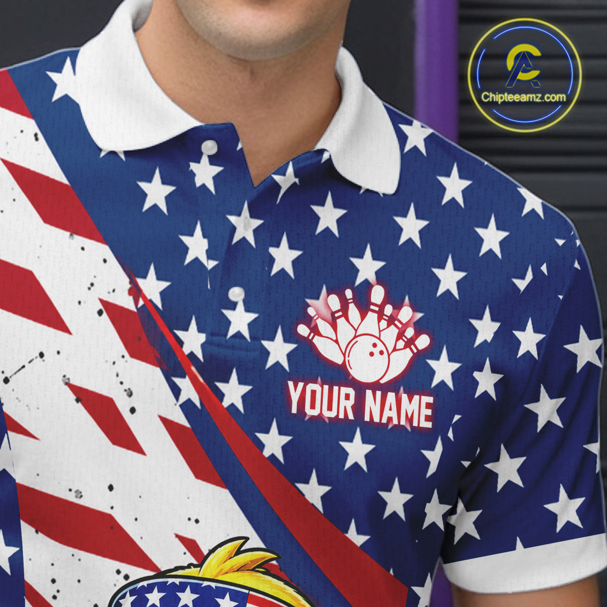 Polo shirt with American flag design and bowling ball logo, featuring 'Your Name' text.