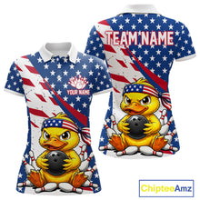 Load image into Gallery viewer, A polo shirts with a duck holding a bowling ball design, one with an American flag pattern and customized name text