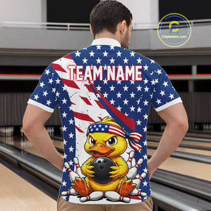 Person wearing a bowling-themed shirt with an American flag design and 'Team Name' text.