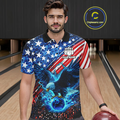 Man wearing an American flag polo shirt with an eagle design in a bowling alley, holding a bowling ball.