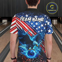 Load image into Gallery viewer, Person wearing an American flag bowling shirt with an eagle design and 'Team Name' text in a bowling alley.